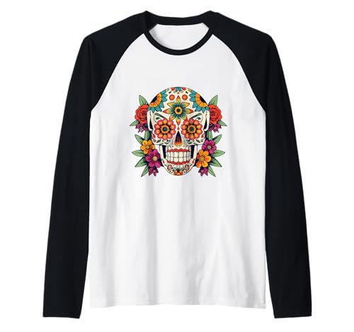 Floral Sugar Skull Day of Dead Dia de Los Muertos Damen Mädchen Raglan von Floral Sugar Skull Day of Dead Dia de Los Muertos