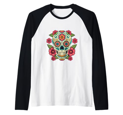 Floral Sugar Skull Day of Dead Dia de Los Muertos Damen Mädchen Raglan von Floral Sugar Skull Day of Dead Dia de Los Muertos