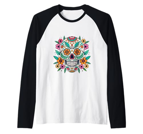 Floral Sugar Skull Day of Dead Dia de Los Muertos Damen Mädchen Raglan von Floral Sugar Skull Day of Dead Dia de Los Muertos
