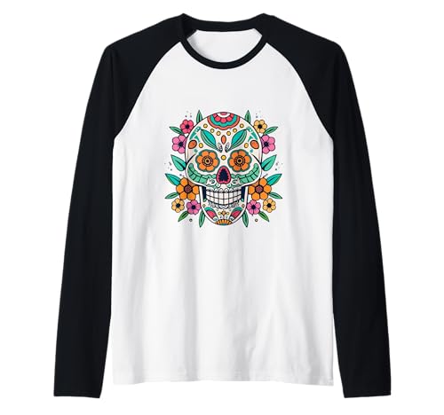 Floral Sugar Skull Day of Dead Dia de Los Muertos Damen Mädchen Raglan von Floral Sugar Skull Day of Dead Dia de Los Muertos