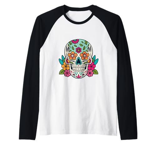 Floral Sugar Skull Day of Dead Dia de Los Muertos Damen Mädchen Raglan von Floral Sugar Skull Day of Dead Dia de Los Muertos