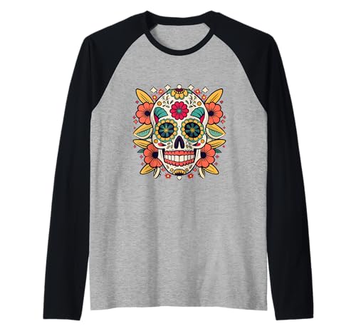 Floral Sugar Skull Day of Dead Dia de Los Muertos Damen Mädchen Raglan von Floral Sugar Skull Day of Dead Dia de Los Muertos