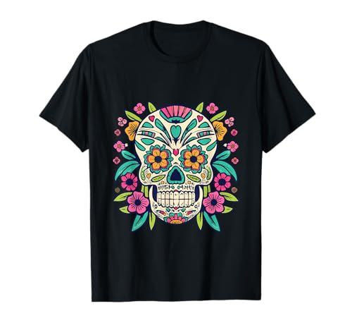 Floral Sugar Skull Day of Dead Dia de Los Muertos Damen Mädchen T-Shirt von Floral Sugar Skull Day of Dead Dia de Los Muertos