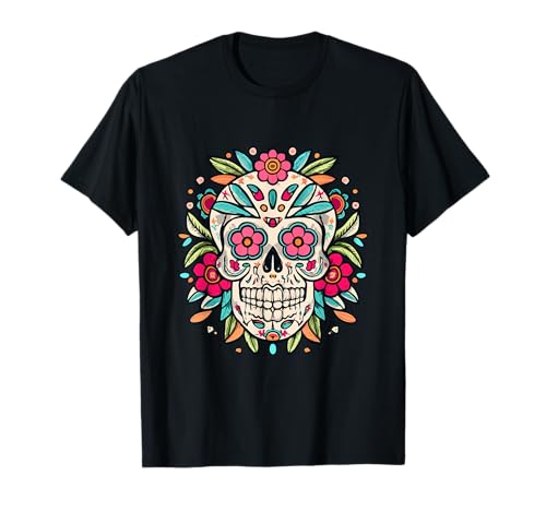 Floral Sugar Skull Day of Dead Dia de Los Muertos Damen Mädchen T-Shirt von Floral Sugar Skull Day of Dead Dia de Los Muertos