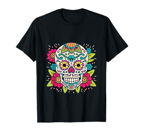 Floral Sugar Skull Day of Dead Dia de Los Muertos Damen Mädchen T-Shirt von Floral Sugar Skull Day of Dead Dia de Los Muertos