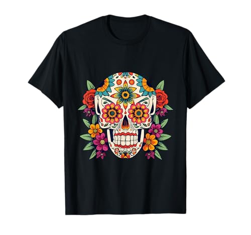 Floral Sugar Skull Day of Dead Dia de Los Muertos Damen Mädchen T-Shirt von Floral Sugar Skull Day of Dead Dia de Los Muertos