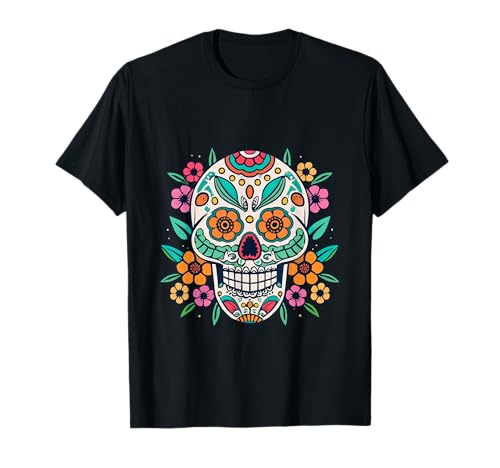 Floral Sugar Skull Day of Dead Dia de Los Muertos Damen Mädchen T-Shirt von Floral Sugar Skull Day of Dead Dia de Los Muertos