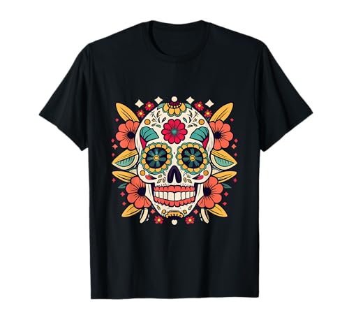 Floral Sugar Skull Day of Dead Dia de Los Muertos Damen Mädchen T-Shirt von Floral Sugar Skull Day of Dead Dia de Los Muertos