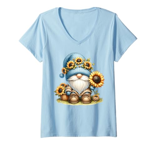 Damen Autumn Fall Gnome In Knitted Sweater For Sunflower Grandma T-Shirt mit V-Ausschnitt von Floral Summer Gnome Gifts For Sunflower Lovers