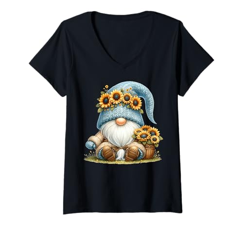 Damen Autumn Gnomes Garden Accessories For Fall Sunflower Dad T-Shirt mit V-Ausschnitt von Floral Summer Gnome Gifts For Sunflower Lovers