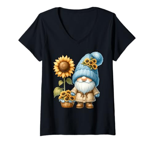 Damen Autumn Gnomes Garden Accessories For Mom With Fall Sunflower T-Shirt mit V-Ausschnitt Damen Autumn Gnomes Garden Accessories For Mom With Fall Sunflower T-Shirt mit V-Ausschnitt von Floral Summer Gnome Gifts For Sunflower Lovers