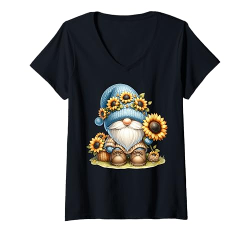 Damen Cute Fall Sunflower Gnome Dad For Hippie Mom Floral Autumn T-Shirt mit V-Ausschnitt von Floral Summer Gnome Gifts For Sunflower Lovers