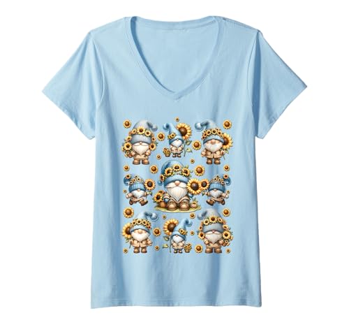 Damen Cute Flower Gnome Dad Graphic For Gardener And Sunflower Mom T-Shirt mit V-Ausschnitt von Floral Summer Gnome Gifts For Sunflower Lovers