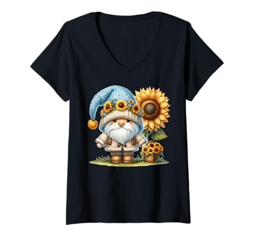 Damen Cute Gnome Fall Sunflower Decor For Grumpy Garden Grandpa T-Shirt mit V-Ausschnitt von Floral Summer Gnome Gifts For Sunflower Lovers