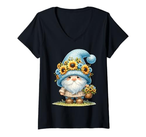 Damen Floral Flower Gnome Graphic For Sunflower Grandpa Life T-Shirt mit V-Ausschnitt von Floral Summer Gnome Gifts For Sunflower Lovers