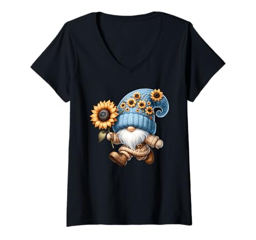 Damen Floral Sunflower Gnome For Garden Lover Who Loves Gardening T-Shirt mit V-Ausschnitt von Floral Summer Gnome Gifts For Sunflower Lovers