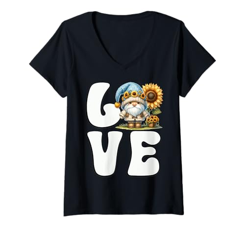 Damen GNOME Love Summer for GNOME Lovers with Yellow Sunflower T-Shirt mit V-Ausschnitt von Floral Summer Gnome Gifts For Sunflower Lovers