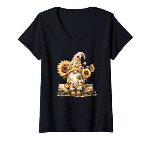 Damen GNOME Sunflower Graphic for Sunflower Mom and Hippie Dad T-Shirt mit V-Ausschnitt von Floral Summer Gnome Gifts For Sunflower Lovers