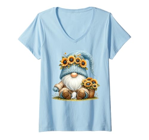 Damen Garden Grandpa Gnome Graphic For Gardeners And Sunflower Mom T-Shirt mit V-Ausschnitt von Floral Summer Gnome Gifts For Sunflower Lovers