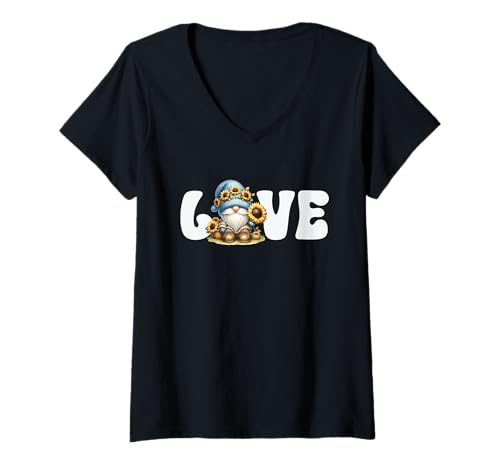 Damen Garden Grandpa Gnome Love Sunflower And Gardening T-Shirt mit V-Ausschnitt von Floral Summer Gnome Gifts For Sunflower Lovers