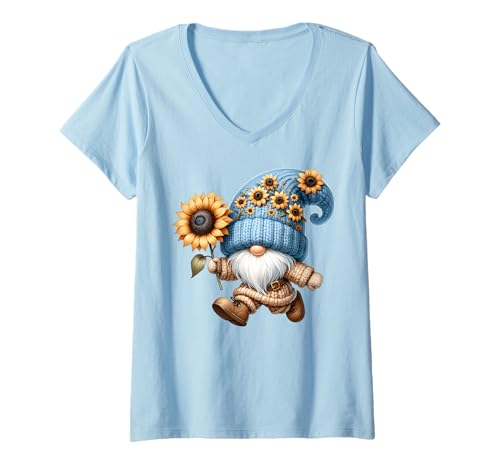 Damen Garden Grandpa Gnome Love Sunflower Decor For Hippie Mom T-Shirt mit V-Ausschnitt von Floral Summer Gnome Gifts For Sunflower Lovers