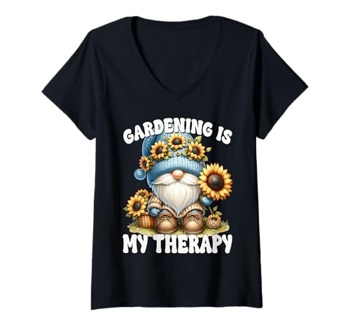 Damen Gardening Is My Therapy Floral Sunflower Gnome For Summer T-Shirt mit V-Ausschnitt von Floral Summer Gnome Gifts For Sunflower Lovers