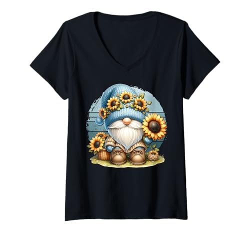 Damen Retro Dad Sunflower Gnome Graphic For Men Garden Grandpa T-Shirt mit V-Ausschnitt von Floral Summer Gnome Gifts For Sunflower Lovers
