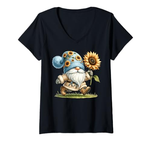 Damen Running Into Autumn Gnome Dad Graphic With Sunflower Floral T-Shirt mit V-Ausschnitt von Floral Summer Gnome Gifts For Sunflower Lovers