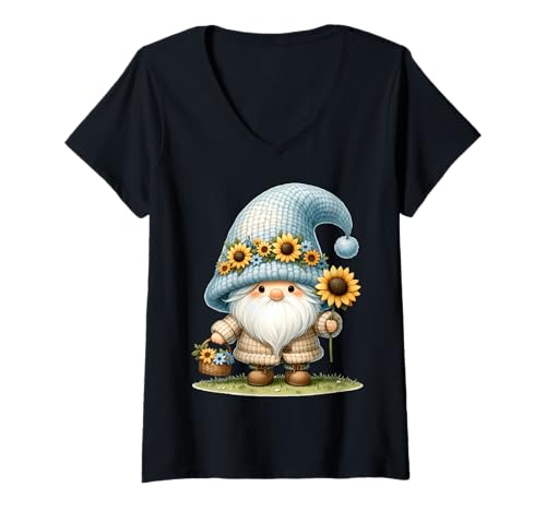 Damen Summer Flower Gnome Graphic For Garden Lover With Sunflower T-Shirt mit V-Ausschnitt von Floral Summer Gnome Gifts For Sunflower Lovers