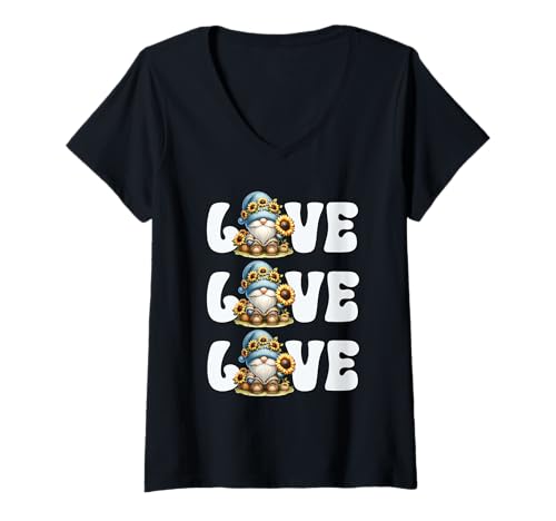 Damen Summer Gnome Love Sunflower Graphic For Gardener T-Shirt mit V-Ausschnitt von Floral Summer Gnome Gifts For Sunflower Lovers