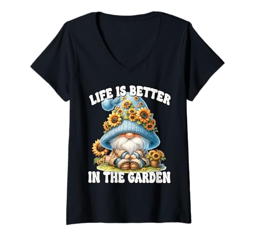 Damen Sunflower Gnome Dad For Mom Life Is Better In The Garden T-Shirt mit V-Ausschnitt von Floral Summer Gnome Gifts For Sunflower Lovers