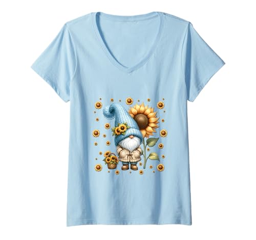 Damen Sunflower Gnome Graphic For Moms And Dads Who Love Gardening T-Shirt mit V-Ausschnitt von Floral Summer Gnome Gifts For Sunflower Lovers
