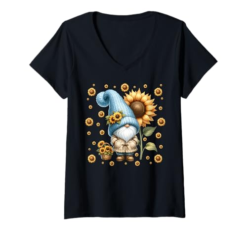 Damen Sunflower Pattern For Flower Lover Cute Fall Gnome Floral T-Shirt mit V-Ausschnitt von Floral Summer Gnome Gifts For Sunflower Lovers