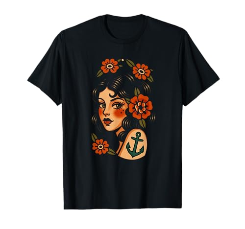 Retro Sailor Girl Art mit Anker Tattoo und Blumen T-Shirt von Floral Tattooed Girl with Strong Vintage Ink Vibe