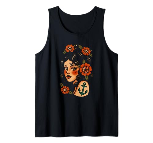 Retro Sailor Girl Art mit Anker Tattoo und Blumen Tank Top von Floral Tattooed Girl with Strong Vintage Ink Vibe