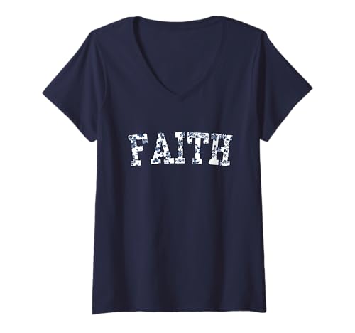 Damen Floral Varsity Tiny Blue French Toile Text Faith T-Shirt mit V-Ausschnitt von Floral Text Collection