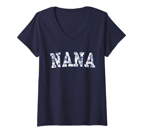 Damen Nana Floral Varsity Kleiner blauer französischer WC-Text T-Shirt mit V-Ausschnitt von Floral Text Collection