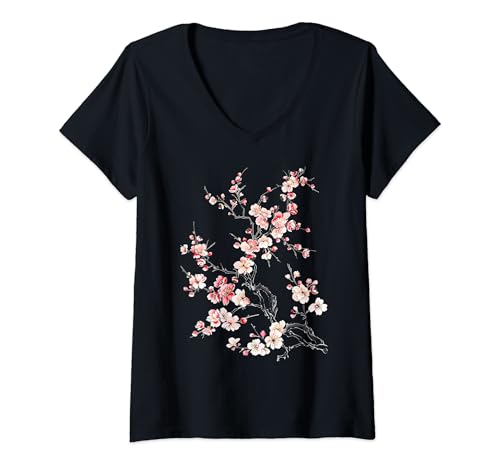 Damen Blumig Elegante Kirschblüten Kirschblüte T-Shirt mit V-Ausschnitt Damen Blumig Elegante Kirschblüten Kirschblüte T-Shirt mit V-Ausschnitt von Floral art Botanical Sakura Japanese Nature