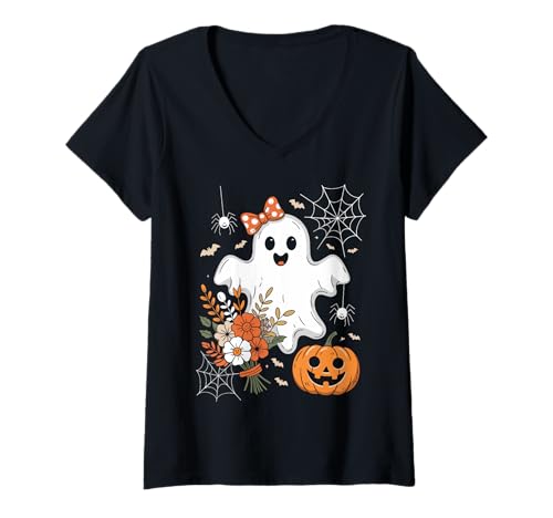 Damen Coquette Ghost Halloween Flower Ghost Spooky Lace Ghost T-Shirt mit V-Ausschnitt von Floral & Pumpkin Ghost Halloween Flower Lace Ghost