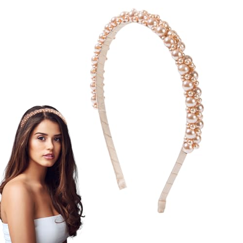 FloralGrace 1 Stück Perlen Haarreif Weiße Perlen Damen Brautstirnband Retro Braut Haarbänder Stirnband Hochzeitsfrisuren Mädchen Kunstperlen Haarschmuck(Champagnergold) von FloralGrace