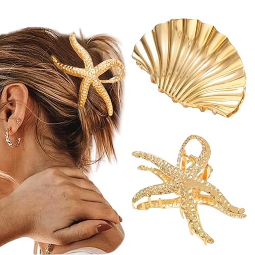 FloralGrace 2 Stück Seestern Haarklammer Clips Muschel Haarspange Große Haarklammer Gold Haarschmuck für Frauen von FloralGrace