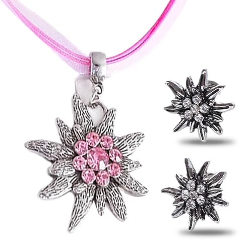 FloralGrace 3 Stück Trachtenschmuck Damen Set (rosa) Edelweiß Anhänger Ohrstecker Halskette&Ohrstecker Bierfest Trachten Bayerisch Dirndlschmuck Trachtenkette von FloralGrace