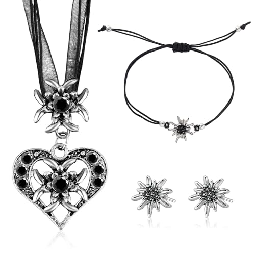 FloralGrace 4 Stück Trachtenschmuck Set Bayerisch Dirndlschmuck Trachtenkette mit Strass Edelweiß Herz Anhänger,Armband und Ohrstecker für Damen Bierfest Trachten Dirndl Outfit(Schwarz) von FloralGrace
