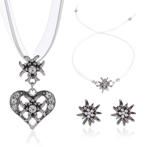 FloralGrace 4 Stück Trachtenschmuck Set Bayerisch Dirndlschmuck Trachtenkette mit Strass Edelweiß Herz Anhänger,Armband und Ohrstecker für Damen Bierfest Trachten Dirndl Outfit(Weiß) von FloralGrace