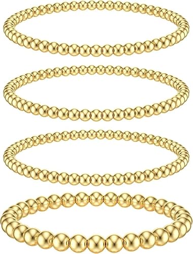 FloralGrace 5 Pcs Gold Bead Armbänder Stapelbar Stretch Hypoallergene Obsidian Material & 14K Vergoldet Für Damen Frauen Mädchen Und Herren 5 Größen (2/3/4/5/6mm) von FloralGrace
