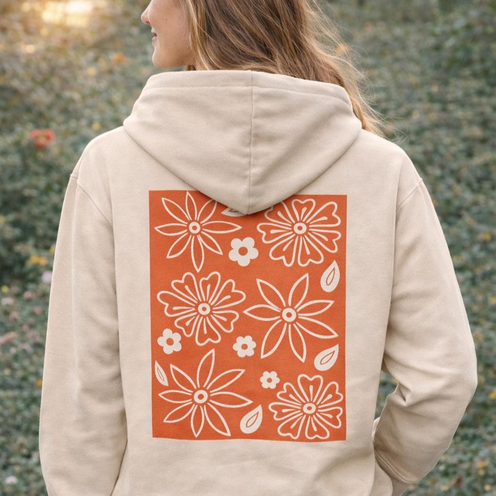 Boho Floral Pattern Hoodie | Rust Rectangle Flower Print Botanical Backprint von FloraundForm