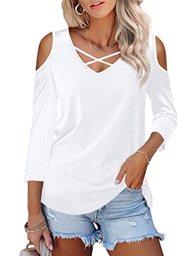 Florboom 3/4 Arm Shirt Damen Longsleeve Tshirt Schulterfrei Oberteil V Ausschnitt Bluse, Weiß L von Florboom