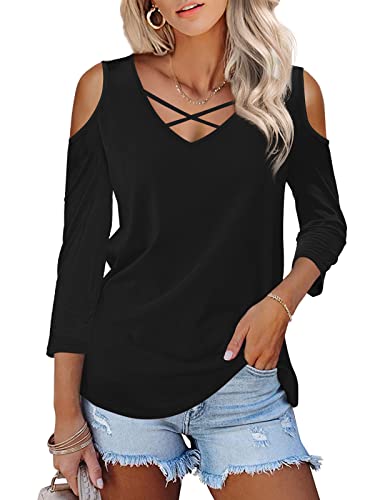 Florboom 3/4 Langarm Cut Out Shirt Damen Langes Tshirts V Ausschnitt Oberteil, Schwarz M von Florboom