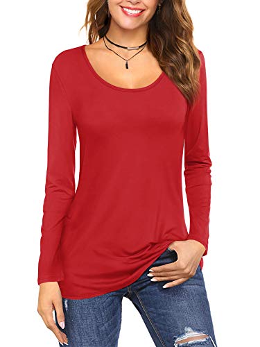 Florboom Basic Tshirt Damen Langarmshirt Baumwolle Rundhals Lässig Shirt Bluse Longsleeve T-Shirt Einfarbig Rot XXL von Florboom