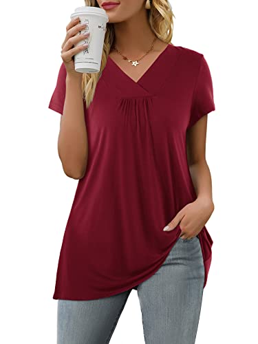 Florboom Bluse Damen Elegant Kurzarm Sommer T Shirts Plissiert Elegant Oberteile Weinrot XXL von Florboom